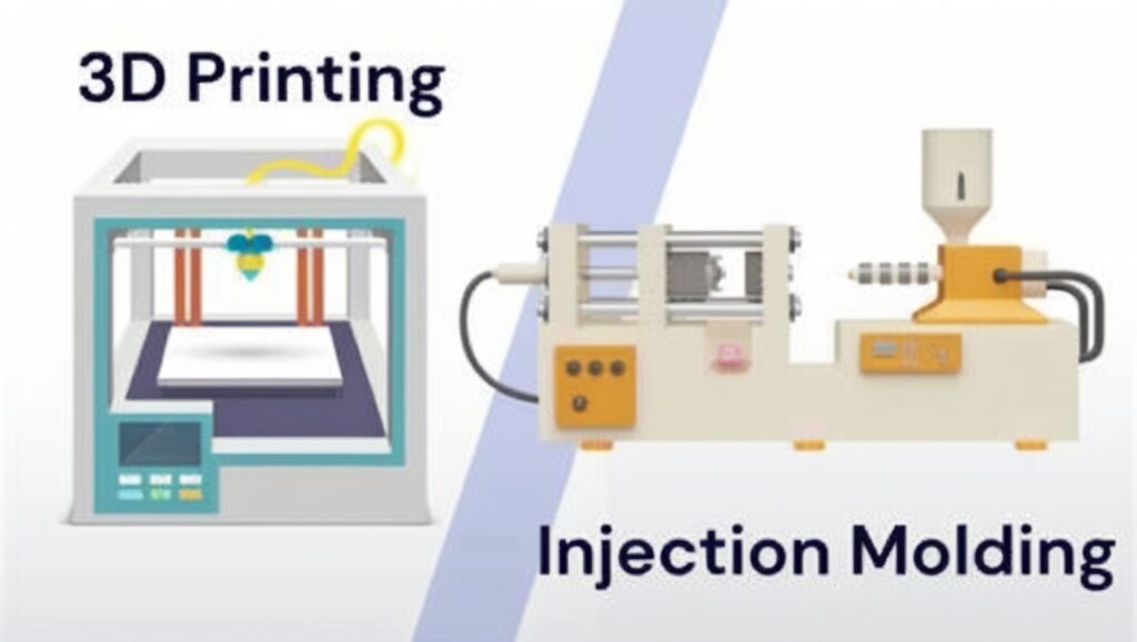 Illustration comparing 3D Printing vs Injection Molding, featuring a 3D printer on the left and an injection molding machine on the right, demonstrating key differences in manufacturing processes.