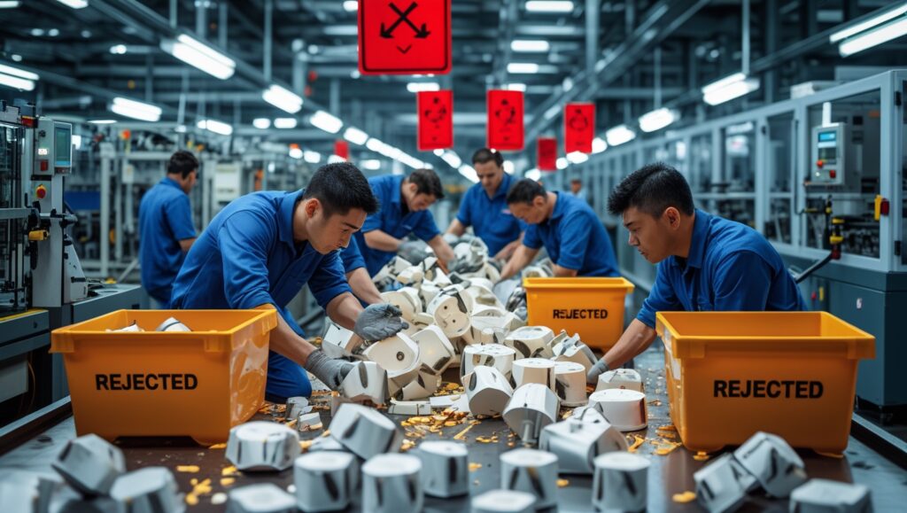 Factory workers sorting through rejected defective parts due to poor design for manufacturing (DFM) practices.