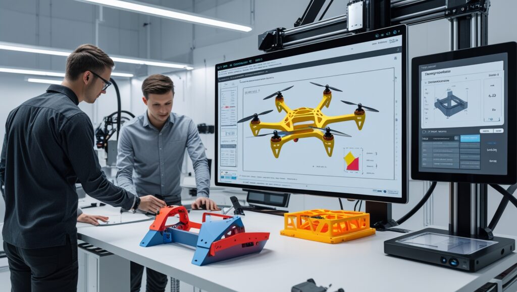 Engineers collaborating in a futuristic product design lab, using AI-driven CAD software and 3D printing to optimize a modular drone prototype.