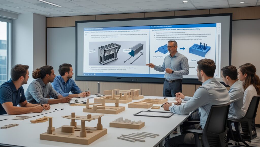 A corporate training session where engineers and designers learn about DFM principles, with a presenter explaining cost-effective design strategies using interactive visuals.