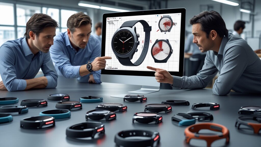 A team of engineers and designers discusses a smartwatch prototype in a high-tech lab. A large screen displays a 3D rendering of the watch, while multiple smartwatch samples are spread across the table, showcasing different design iterations.