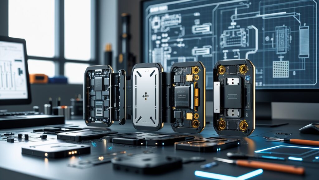A sleek, futuristic electronic device shown in an exploded view, illustrating modular design principles that enable easy upgrades and efficient manufacturing.