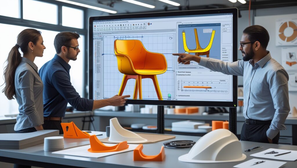 A team of product designers collaborating on a digital 3D model of a chair using design software. The large screen displays CAD designs, including structural details and material simulations. The workspace includes prototype parts and design tools.