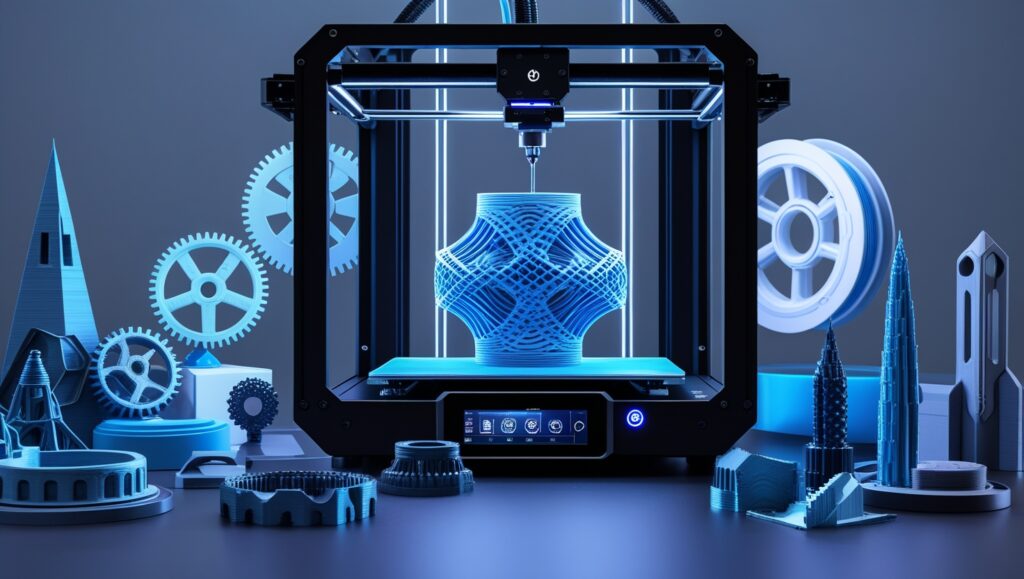 A futuristic 3D printer printing a detailed object, with multiple 3D-printed gears, towers, and structures around it, demonstrating the capabilities of 3D Printing vs Injection Molding.