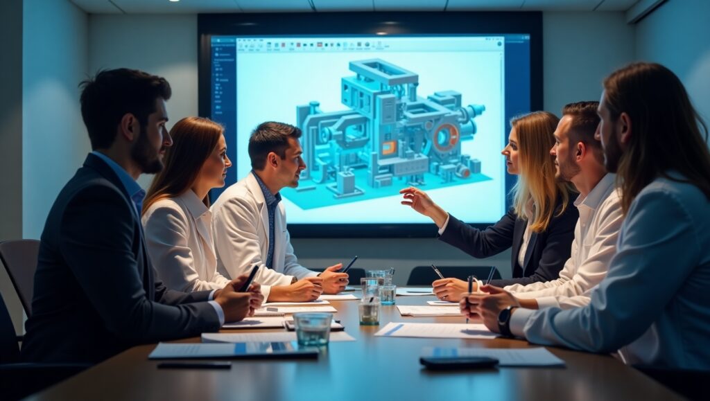 A diverse team of engineers and designers discussing a 3D CAD model in a professional conference room, addressing challenges in Design for Manufacturing (DFM).