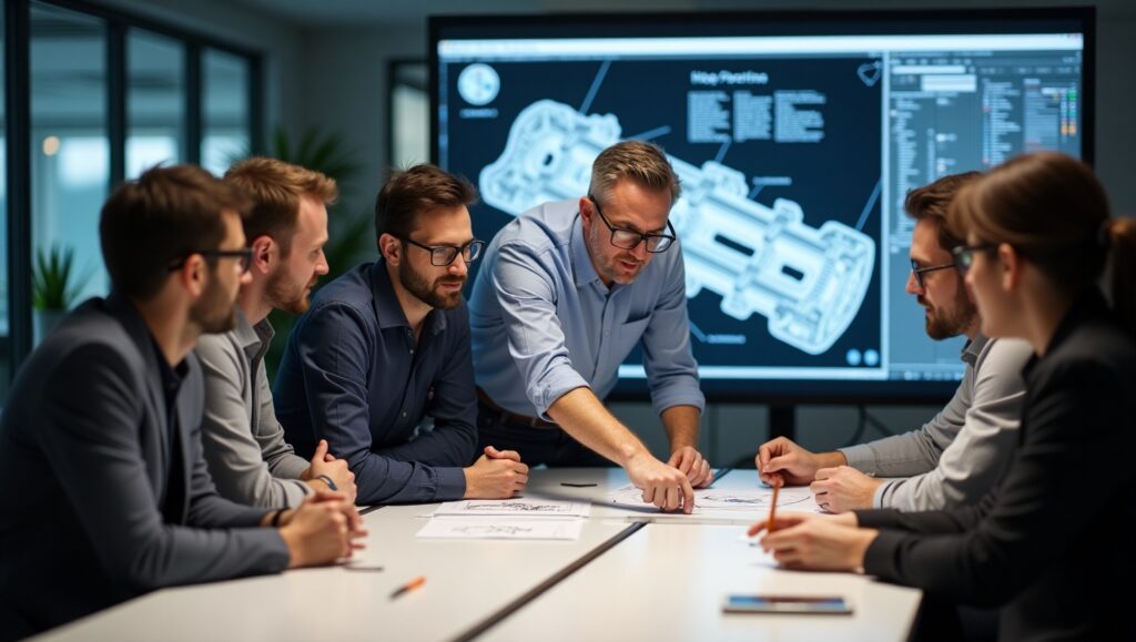 A design agency for manufacturing team collaborates in a modern office, reviewing technical blueprints and CAD designs to ensure seamless production.