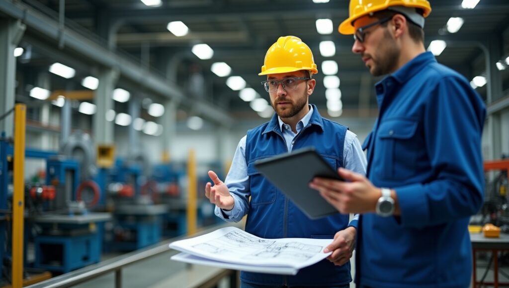 Two engineers wearing yellow hard hats and blue uniforms discuss production plans in a factory, holding a tablet and blueprint while reviewing manufacturing details.