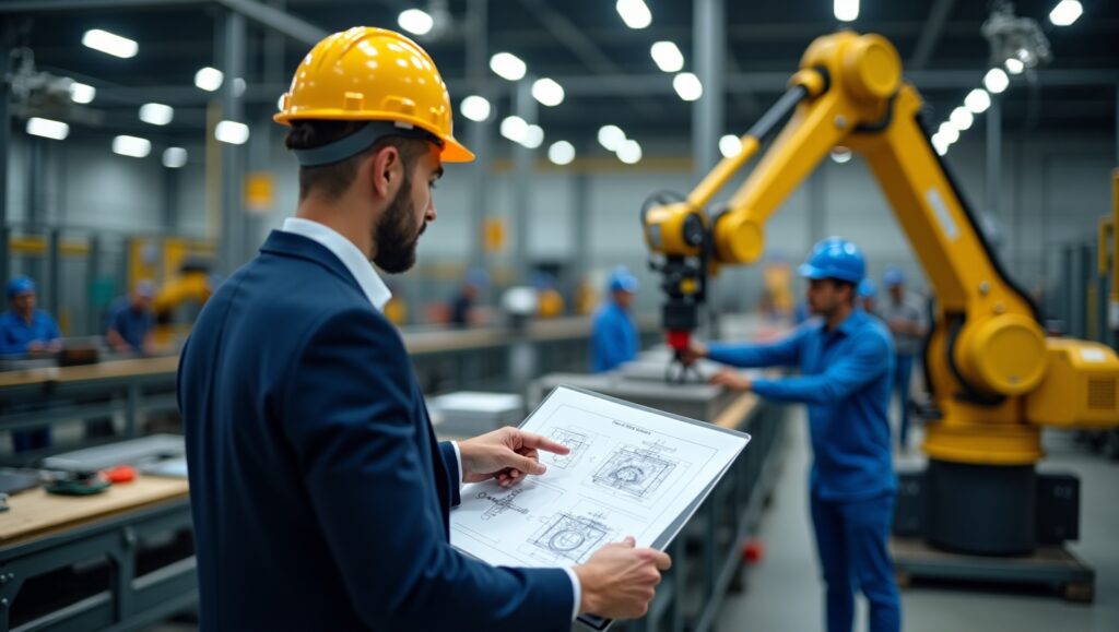 A professional manufacturing consultant wearing a suit and a yellow safety helmet examines technical blueprints on a clipboard inside a high-tech manufacturing facility. In the background, workers in blue uniforms operate advanced robotic arms.