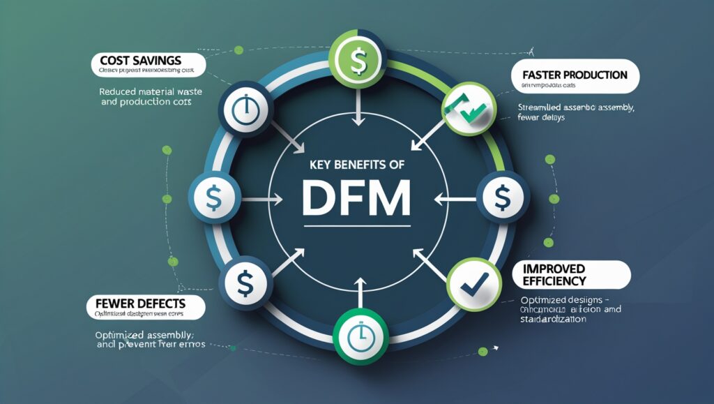 Infographic showcasing key benefits of Design for Manufacturing (DFM), including cost savings, faster production, improved efficiency, and fewer defects