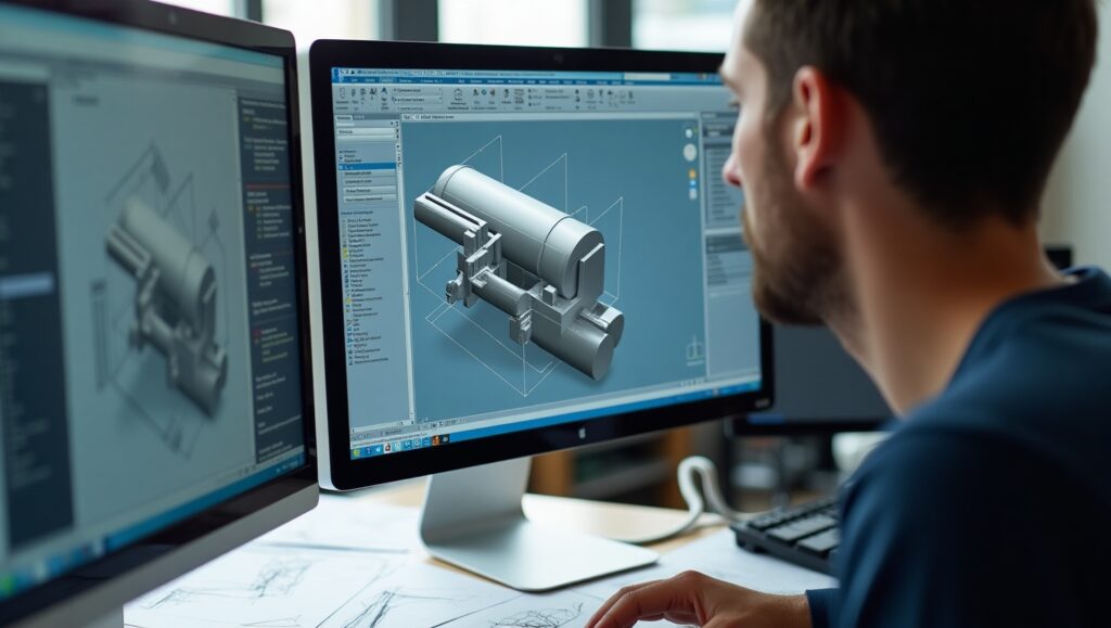 A professional industrial designer at a design agency for manufacturing works on a 3D CAD model, optimizing the component for cost-effective production.