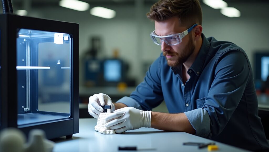 A design agency for manufacturing expert examines a 3D-printed prototype in a high-tech lab, ensuring it meets production standards.