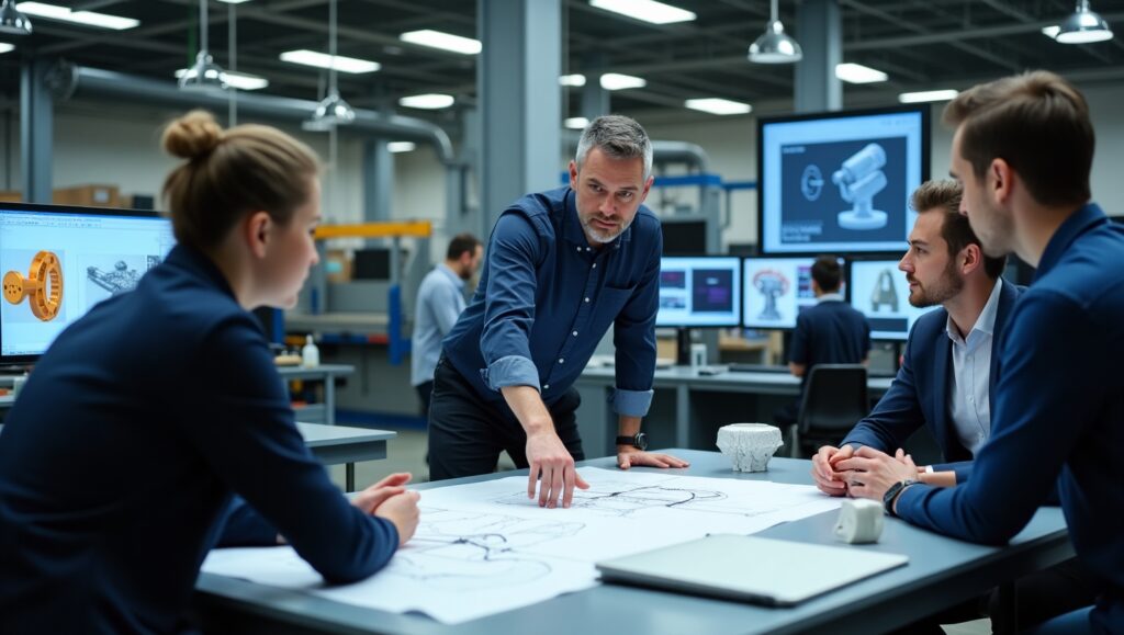 A manufacturing consultant in a modern industrial workspace discusses design optimizations with a team. Large monitors display 3D renderings of mechanical components, while team members attentively listen and take notes.