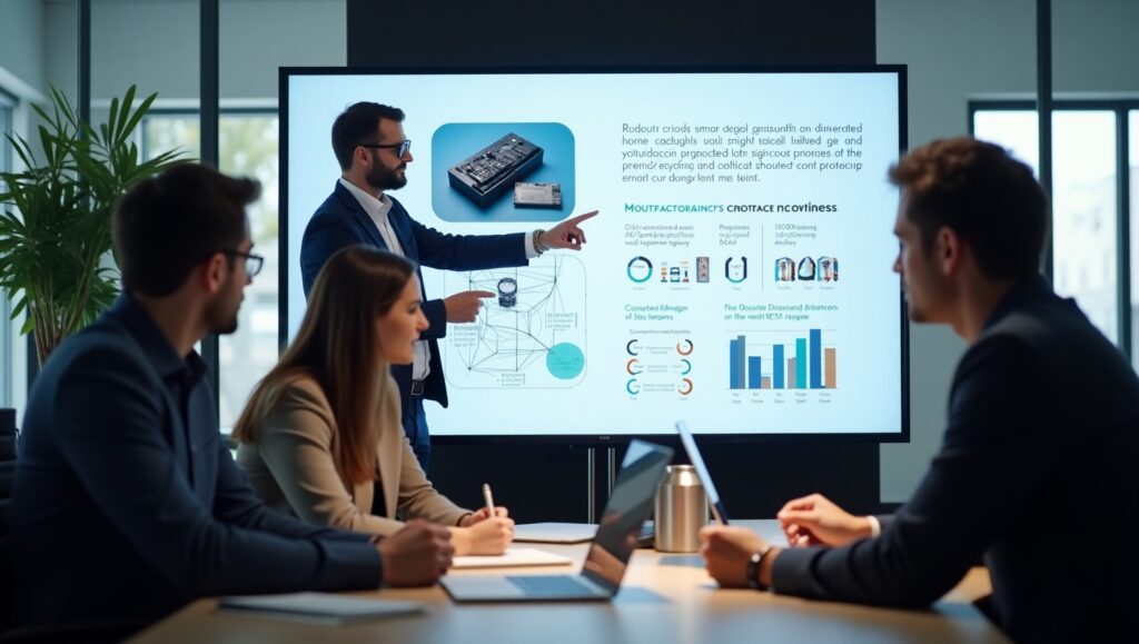 A professional manufacturing consultant in a business suit presents data and technical insights on a large screen during a meeting. Three business professionals attentively listen and take notes in a modern conference room.