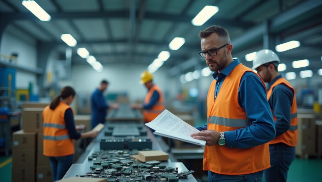 A concerned manufacturing manager in an orange safety vest reviewing production reports in a factory, with workers inspecting defective electronic components on a conveyor belt.