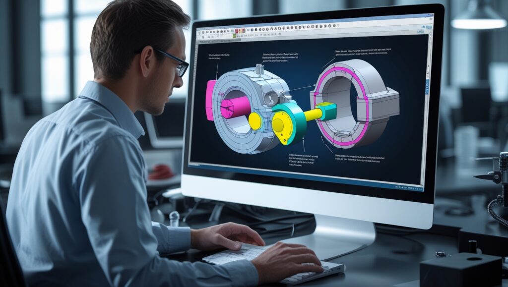 Engineer working on a CAD design for a mechanical component using advanced 3D modeling software in a high-tech workspace.