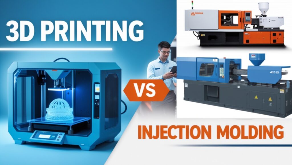 A high-quality comparison image of 3D Printing vs Injection Molding, showcasing a modern 3D printer on the left and two injection molding machines on the right, with a "VS" symbol in the center to illustrate key manufacturing differences.